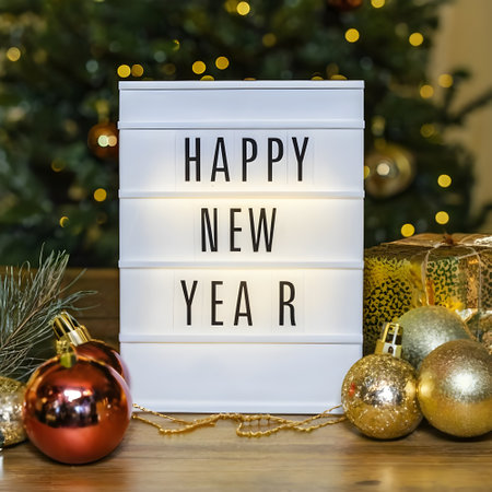 Happy New Year text on white paper, Standing greeting card, christmas decor.の素材