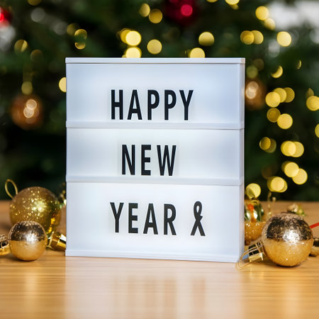 Happy New Year text on white paper, Standing greeting card, christmas decor.の素材