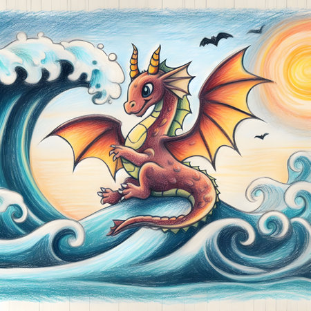 Dragon with a wave in the background, kids drawingの素材