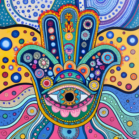 Hamsa hand painted with colored paints on a colorful background.の素材