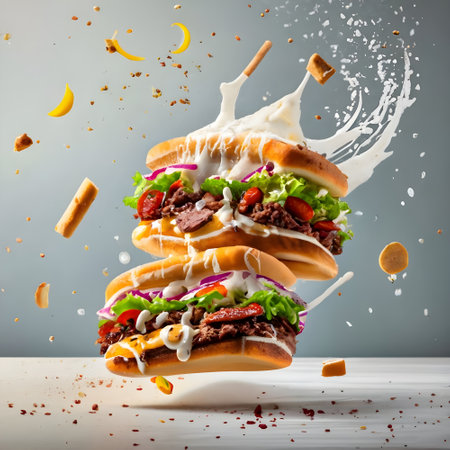 Two hot dogs with flying ingredients and splashes of sauce on gray background.の素材