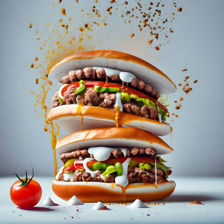 Two hot dogs with flying ingredients and splashes of sauce on gray background.の素材