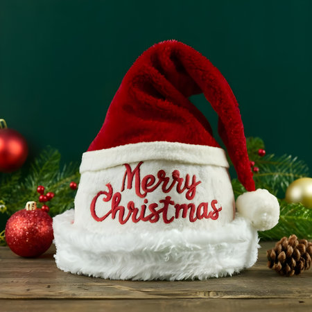 Merry Christmas and Happy New Year. Red Santa Claus hat on wooden background.の素材