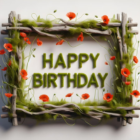 Happy birthday , thin frame made from thick moss covered Wood branches and leaves.の素材