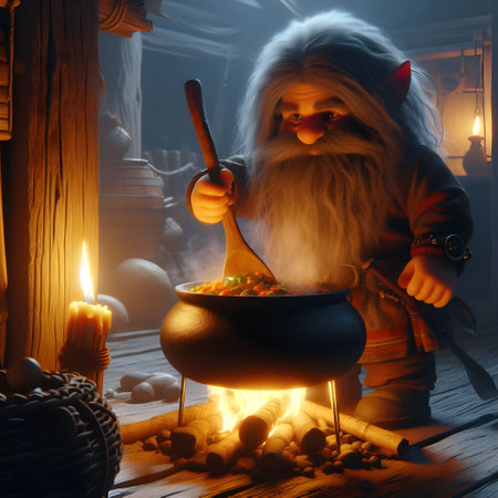 A dwarf stirring curry in a cauldron in a wooden hut, lit by a torch.の素材