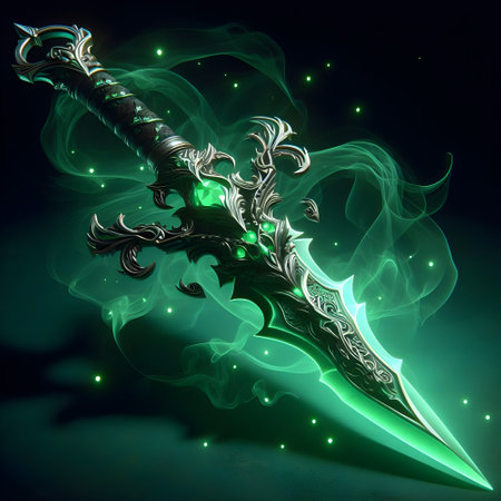 A mystical dagger with green glow, 3d render.の素材