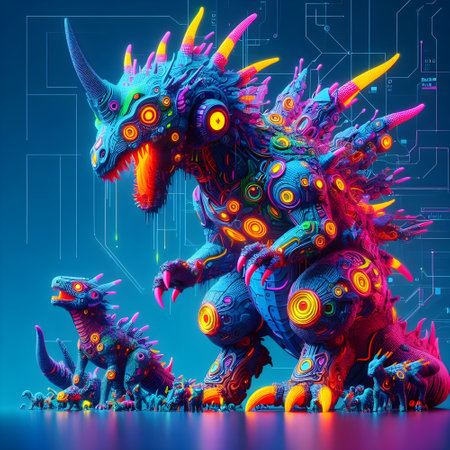 Cyber radioactive kaiju, vibrant, wildlife photography.の素材