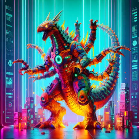 Cyber radioactive kaiju, vibrant, wildlife photography.の素材