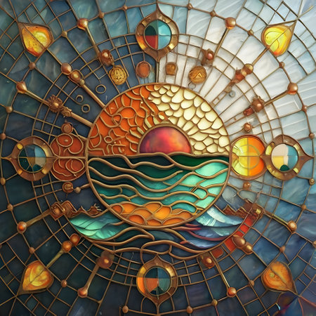 Stained glass on glass of a moon and the sun over the sea.の素材