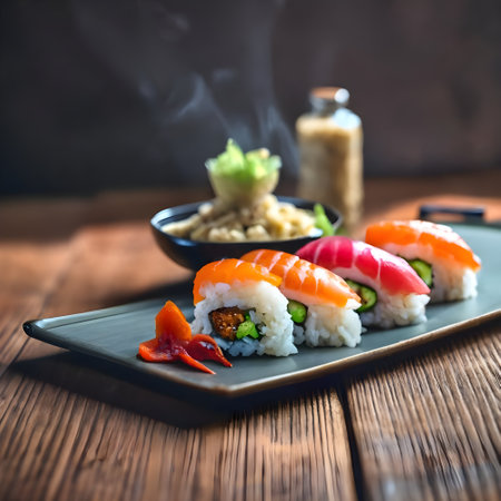 Sushi roll with salmon, tuna, avocado, cucumber, cream cheese and sesame seeds. Japanese food.の素材