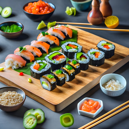 Sushi roll with salmon, tuna, avocado, cucumber, cream cheese and sesame seeds. Japanese food.の素材