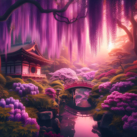 3D rendering of a Japanese garden with blooming wisteriaの素材