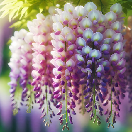 Wisteria flowers with bokeh background, vintage style.の素材