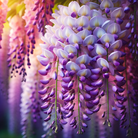 Wisteria flowers with bokeh background, vintage style.の素材