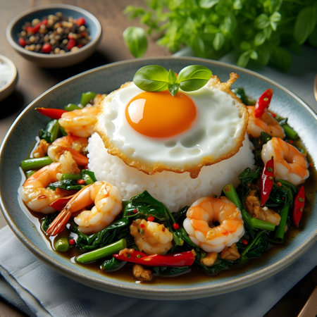 Stir-fried rice with shrimp and fried egg, Thai food