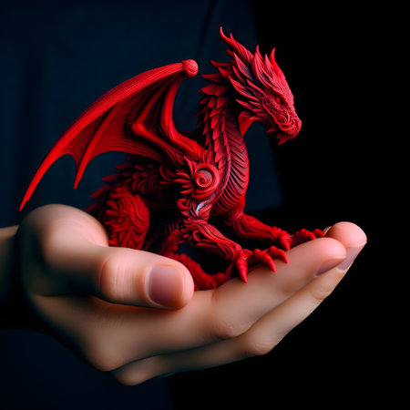 Red dragon in a hand on a black background. 3d renderingの素材