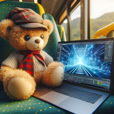Teddy bear in a bus with a laptop. 3d renderingの素材
