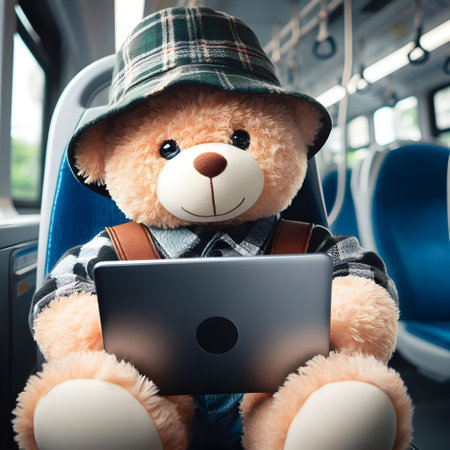 Teddy bear in a bus using a laptop. Concept of travel and technology.の素材