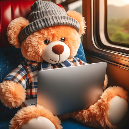 Cute teddy bear wearing hat and plaid shirt sitting in train and working on laptop computerの素材