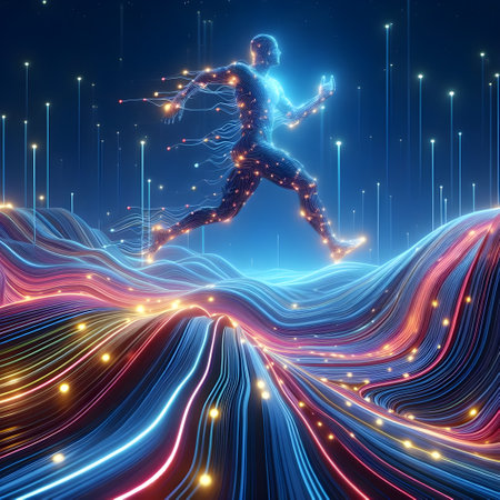 Digital Illustration of a Man Running in a Futuristic Light Trailの素材
