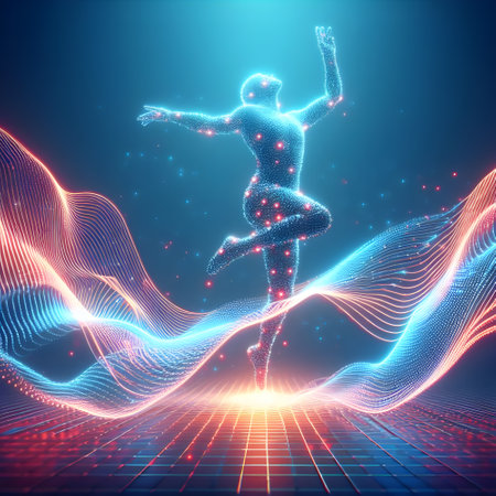 Abstract digital illustration of a man jumping with particles. Technology background.の素材