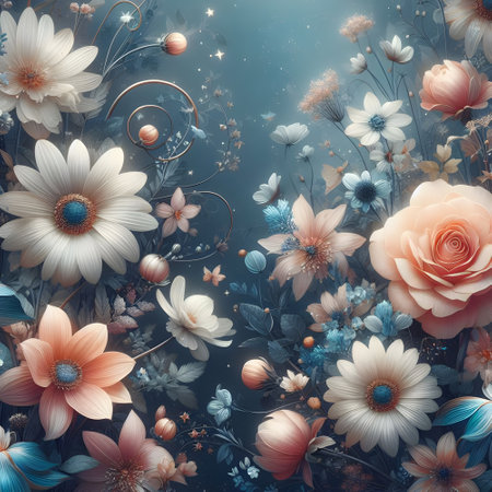 abstract floral background with flowers and butterflies. 3d render illustrationの素材