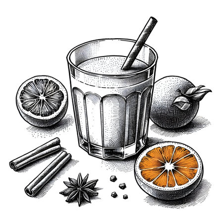 Vector hand drawn illustration of a glass of orange juice with cinnamon, anise and oranges.の素材