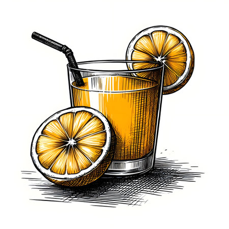 Vector hand drawn illustration of a glass of orange juice with a straw.の素材