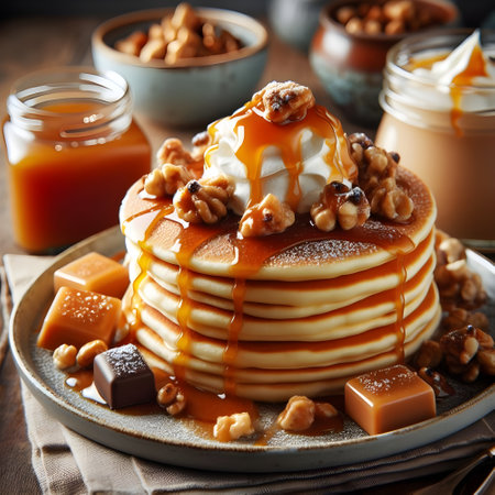 Fluffy pancakes with caramel homemade nama cream and a crispy toffee nuts topping.の素材