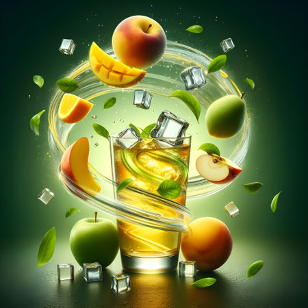 Fruit floating on air mix combine yellow and green fluid juice spinning in a spiral shape around glass-cup.の素材