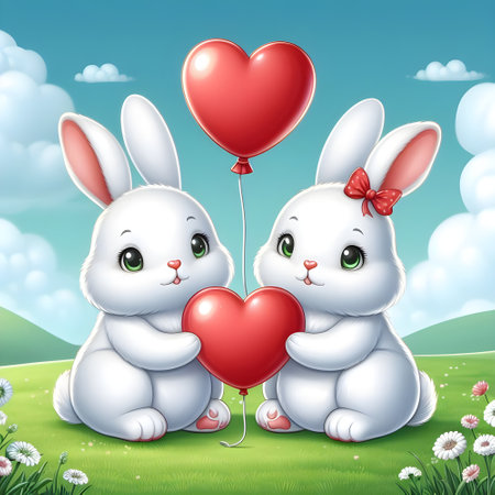 Two cute white rabbits with red heart shaped balloon in the meadowの素材