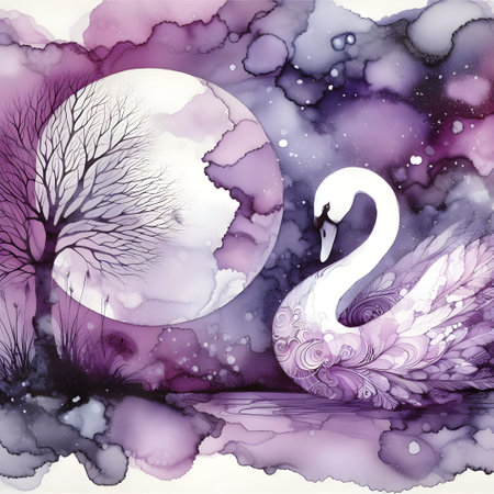 Abstract watercolor background with a swan, tree and moon.の素材
