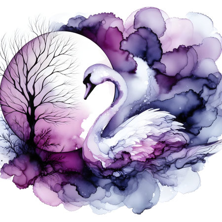 Abstract watercolor background with swan and trees. Vector illustration.の素材