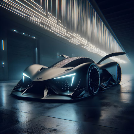 Futuristic black sports car in the garage. 3D renderingの素材