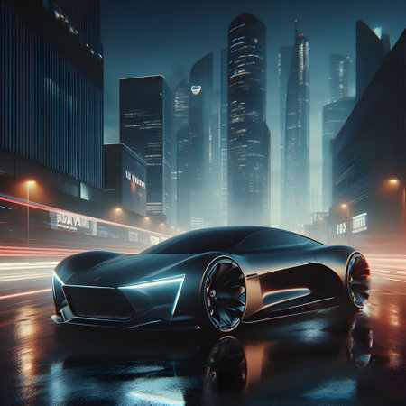 3d rendering of a black sports car in the city at nightの素材