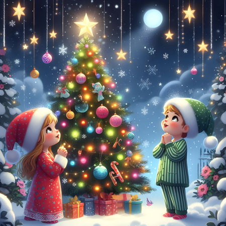 Children decorating a Christmas tree in the winter forest. 3D rendering.の素材