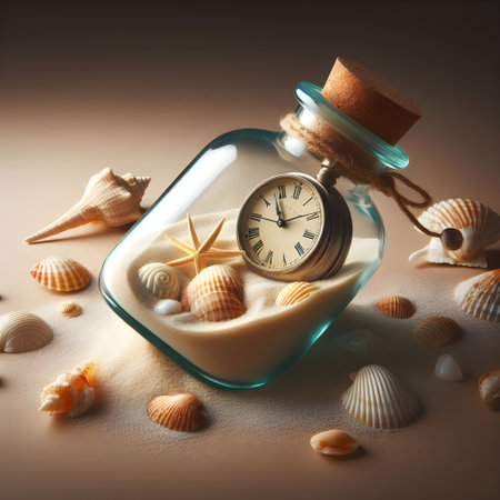 Vintage style image of seashells, clock and sand.の素材