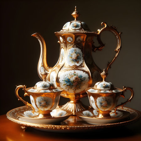 Antique porcelain teapot and two cups on dark backgroundの素材