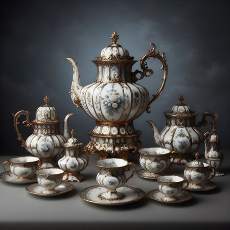 Antique porcelain tea set on a dark background. Vintage style.の素材