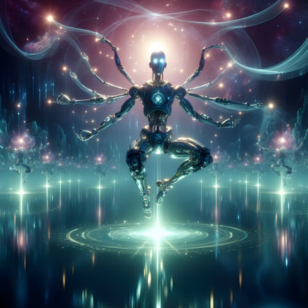 Digital illustration of a cyborg in digital space with glowing particles and lightsの素材
