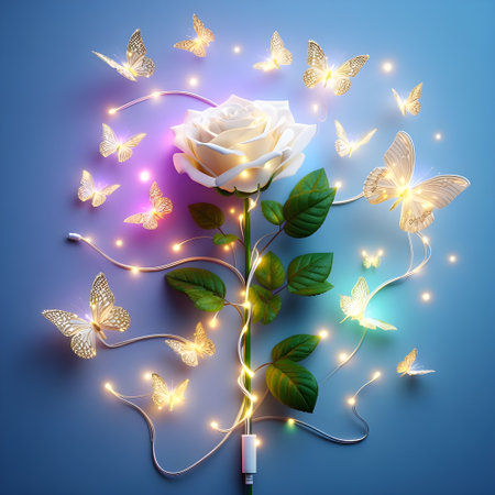 LED lights in butterflies and white rose with stem.の素材