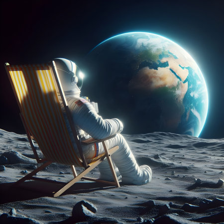 An astronaut sitting in a beach chair with his back turned, he is on the moon looking at the earth.の素材