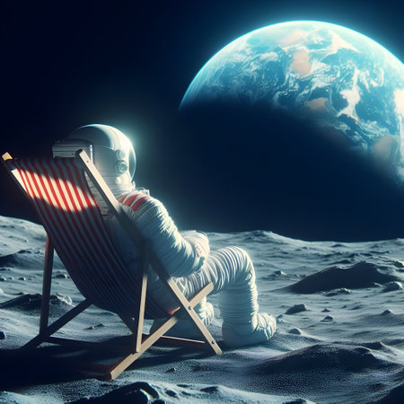 An astronaut sitting in a beach chair with his back turned, he is on the moon looking at the earth.の素材