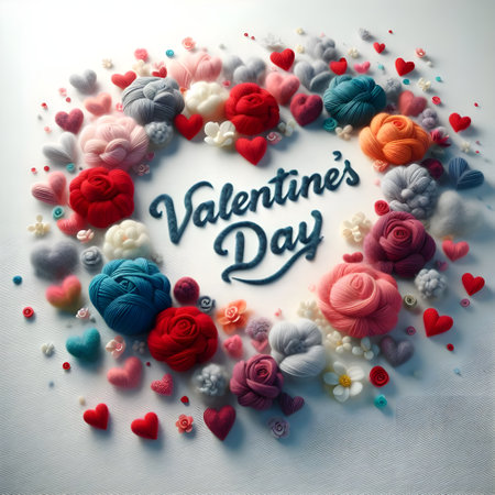 Valentine's day , 3d wool texture on white canvas paper colorful soft wool flowers.の素材