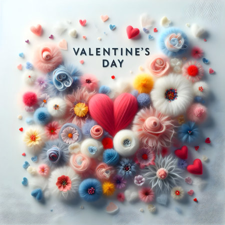 Valentine's day , 3d wool texture on white canvas paper colorful soft wool flowers.の素材