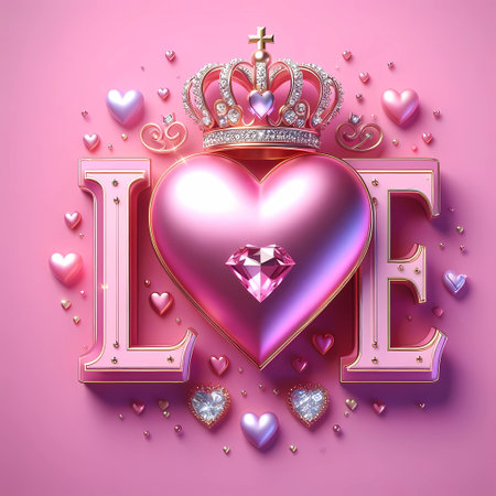 Luxury diamond crown with pink heart on pink background. 3D renderingの素材