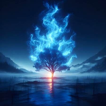 A blue flame taking shape of tree silhouette.の素材