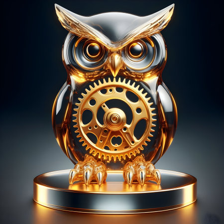 An owl made of gold-colored glass, shiny in the form of a statue.の素材