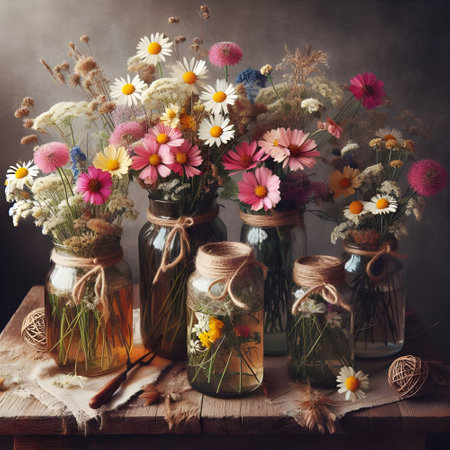 Wild flowers in jar vases.の素材