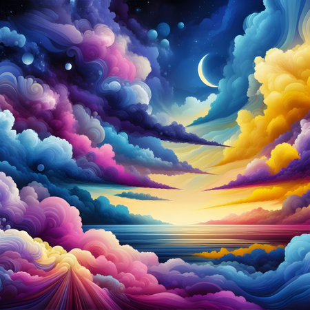 The harmonies of the colors in the sky in purple, blue, yellow, pink, and also clouds.の素材